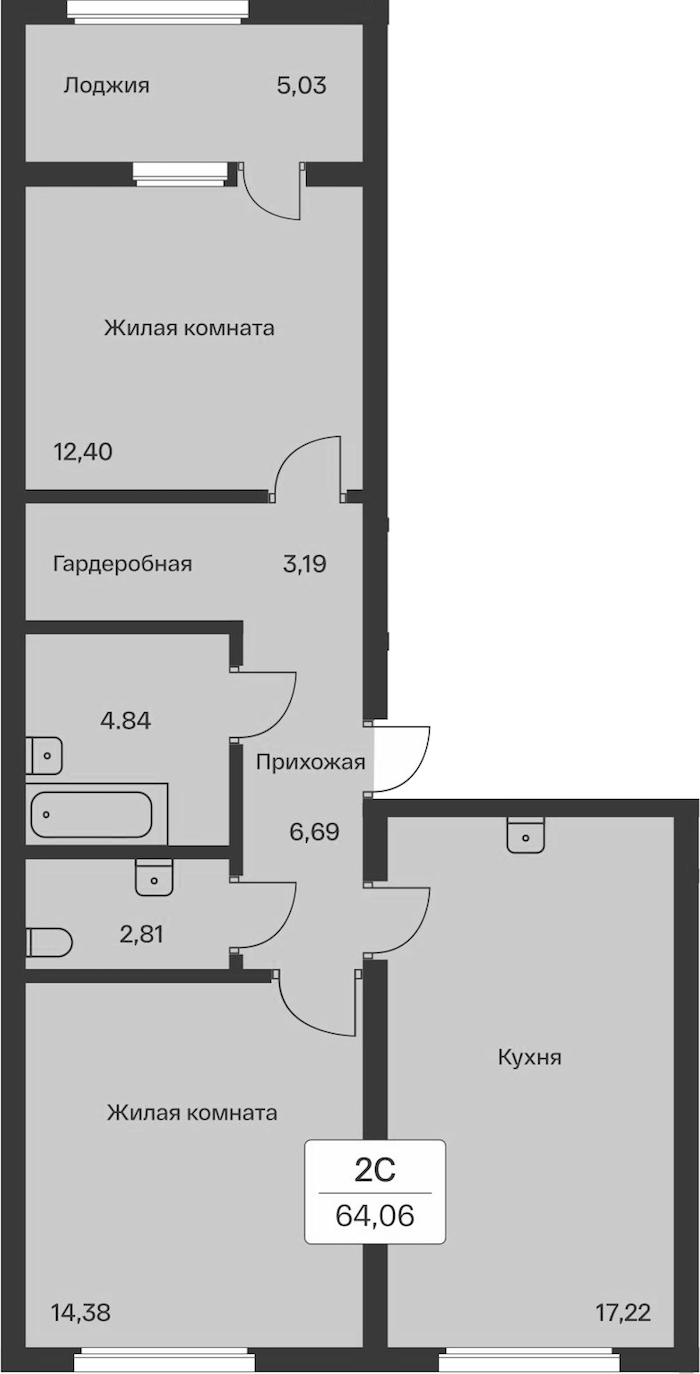 2-комнатная квартира 64.06 м², 7/12 эт., ЖК «Расцветай в Янино»